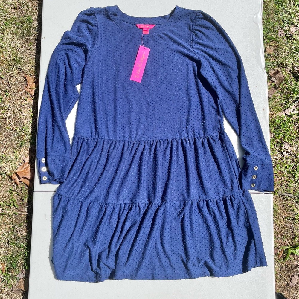Lilly Pulitzer Navy Long Sleeve Mini Pleated Tiered Arlette Dress Polka Dot